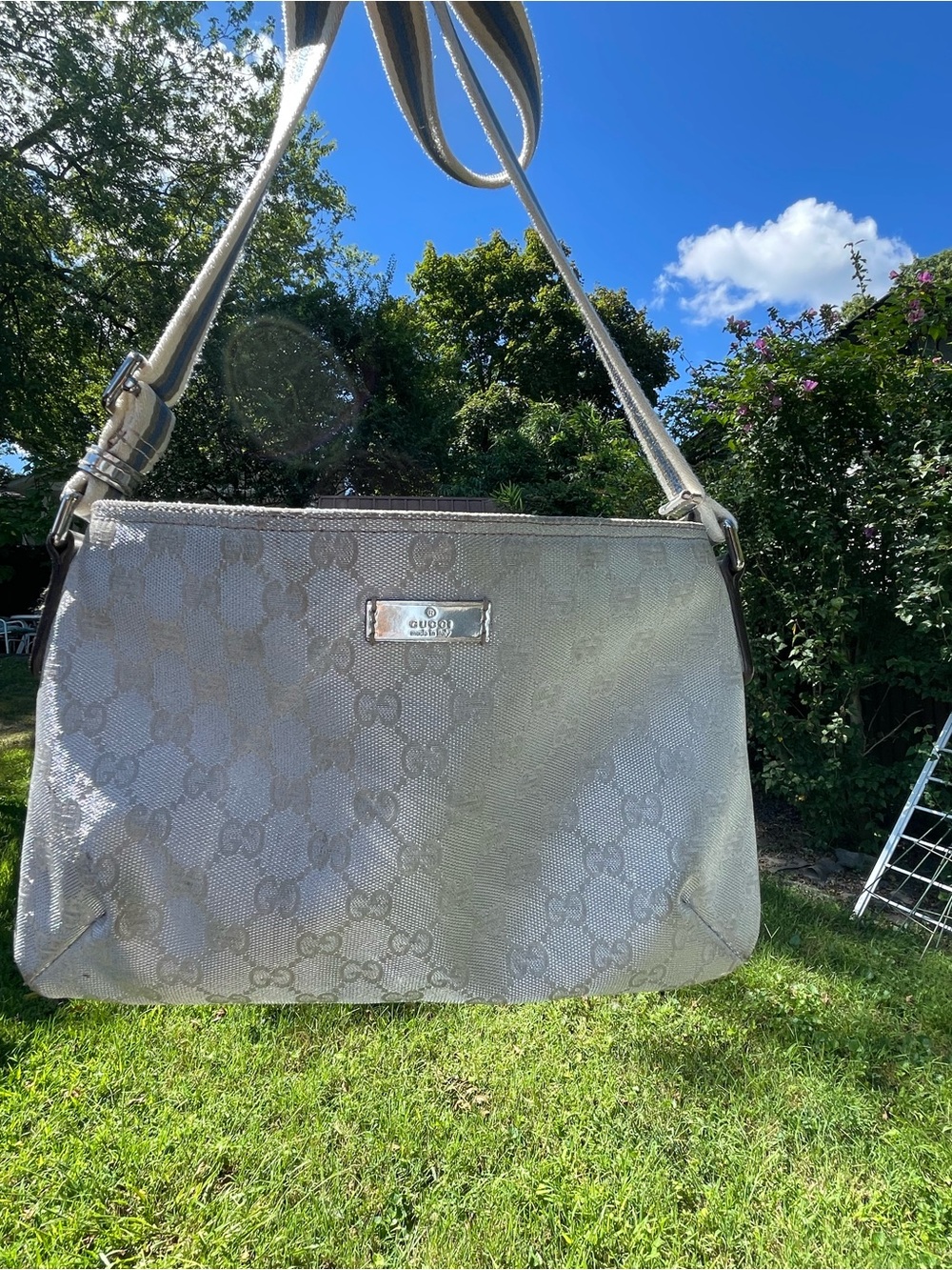 Gucci Silver GG Monogram Shoulder Bag with Adjustable Strap